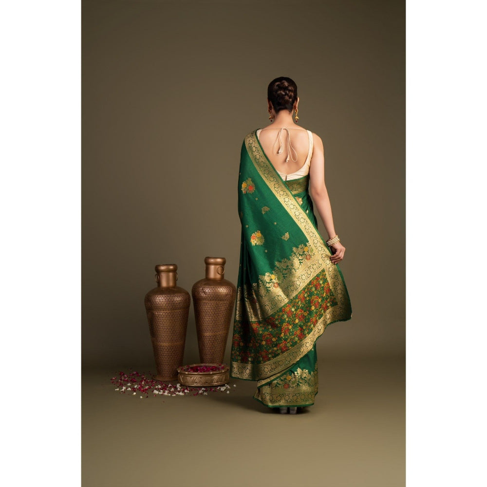 Zal from Benaras Bottle Green Pure Silk Banarasi Handloom Saree without Blouse Piece