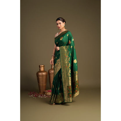 Zal from Benaras Bottle Green Pure Silk Banarasi Handloom Saree without Blouse Piece