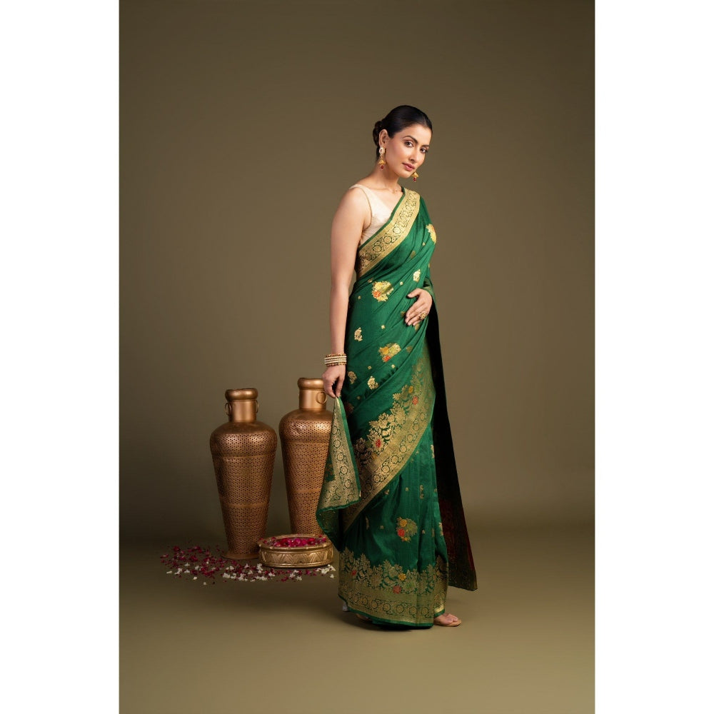 Zal from Benaras Bottle Green Pure Silk Banarasi Handloom Saree without Blouse Piece
