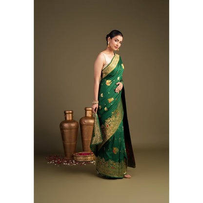 Zal from Benaras Bottle Green Pure Silk Banarasi Handloom Saree without Blouse Piece
