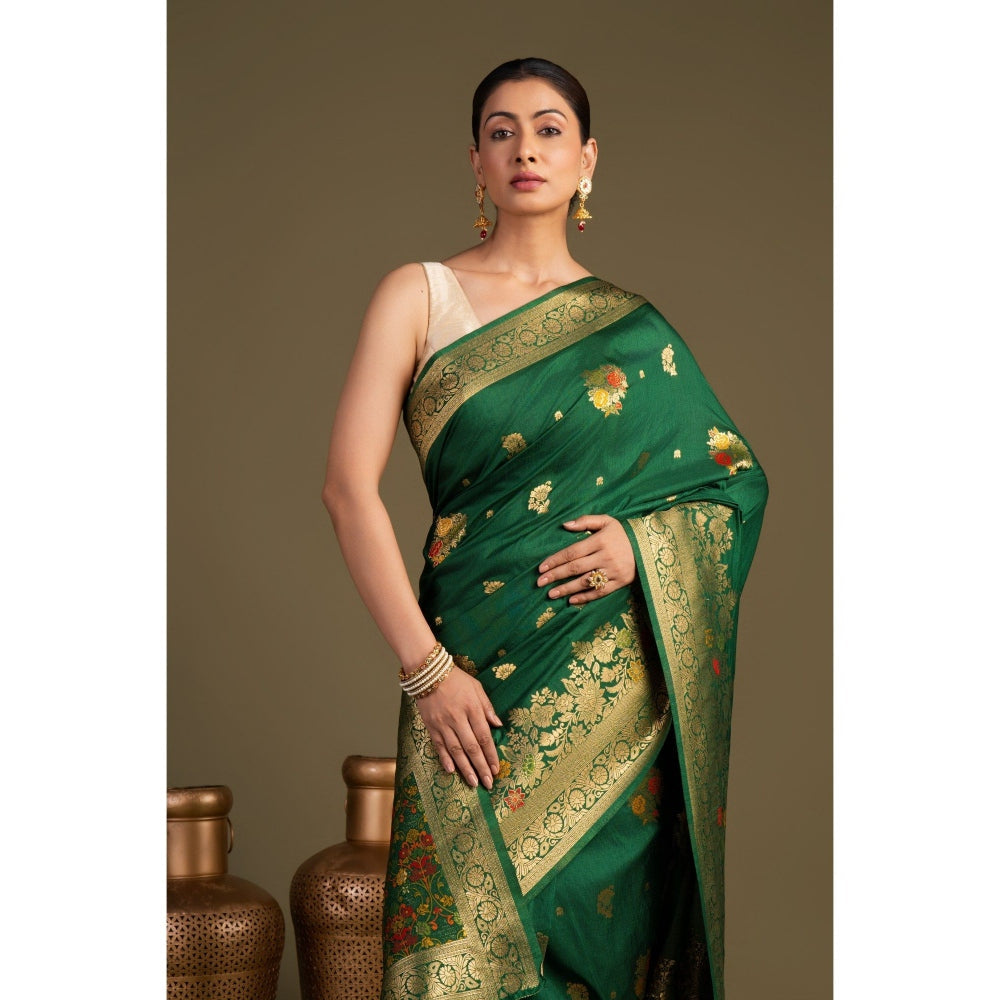 Zal from Benaras Bottle Green Pure Silk Banarasi Handloom Saree without Blouse Piece