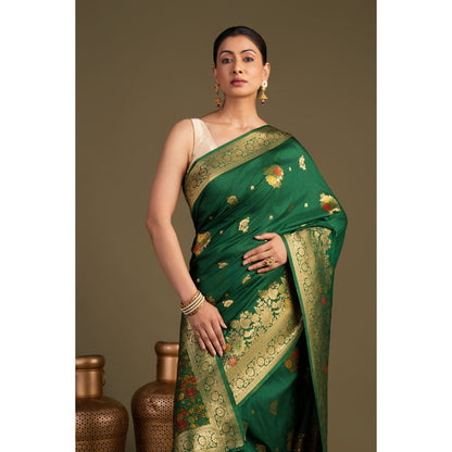 Zal from Benaras Bottle Green Pure Silk Banarasi Handloom Saree without Blouse Piece