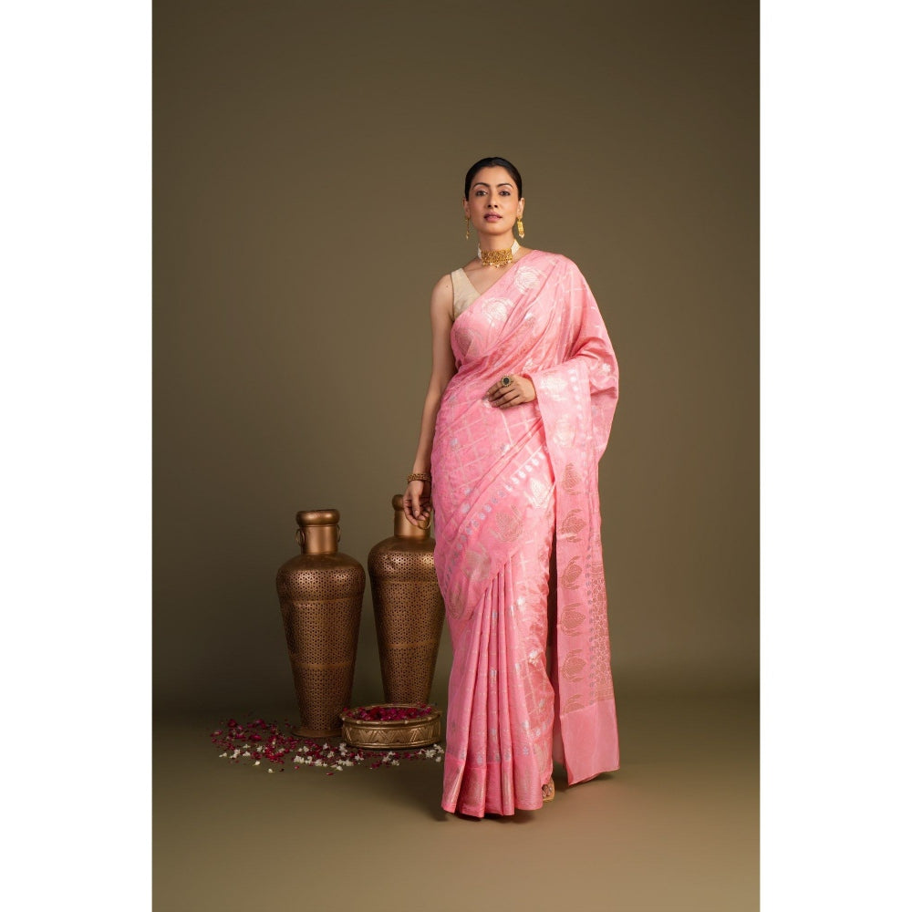 Zal from Benaras Baby Pink Pure Silk Banarasi Handloom Saree without Blouse Piece