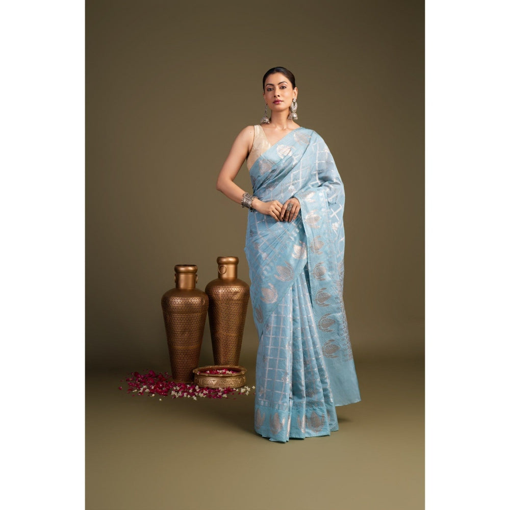Zal from Benaras Sky Blue Pure Silk Banarasi Handloom Saree without Blouse Piece