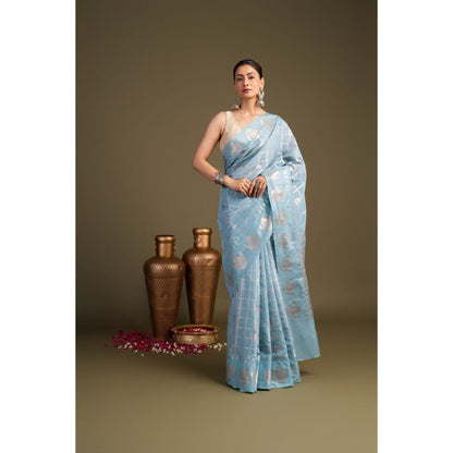 Zal from Benaras Sky Blue Pure Silk Banarasi Handloom Saree without Blouse Piece