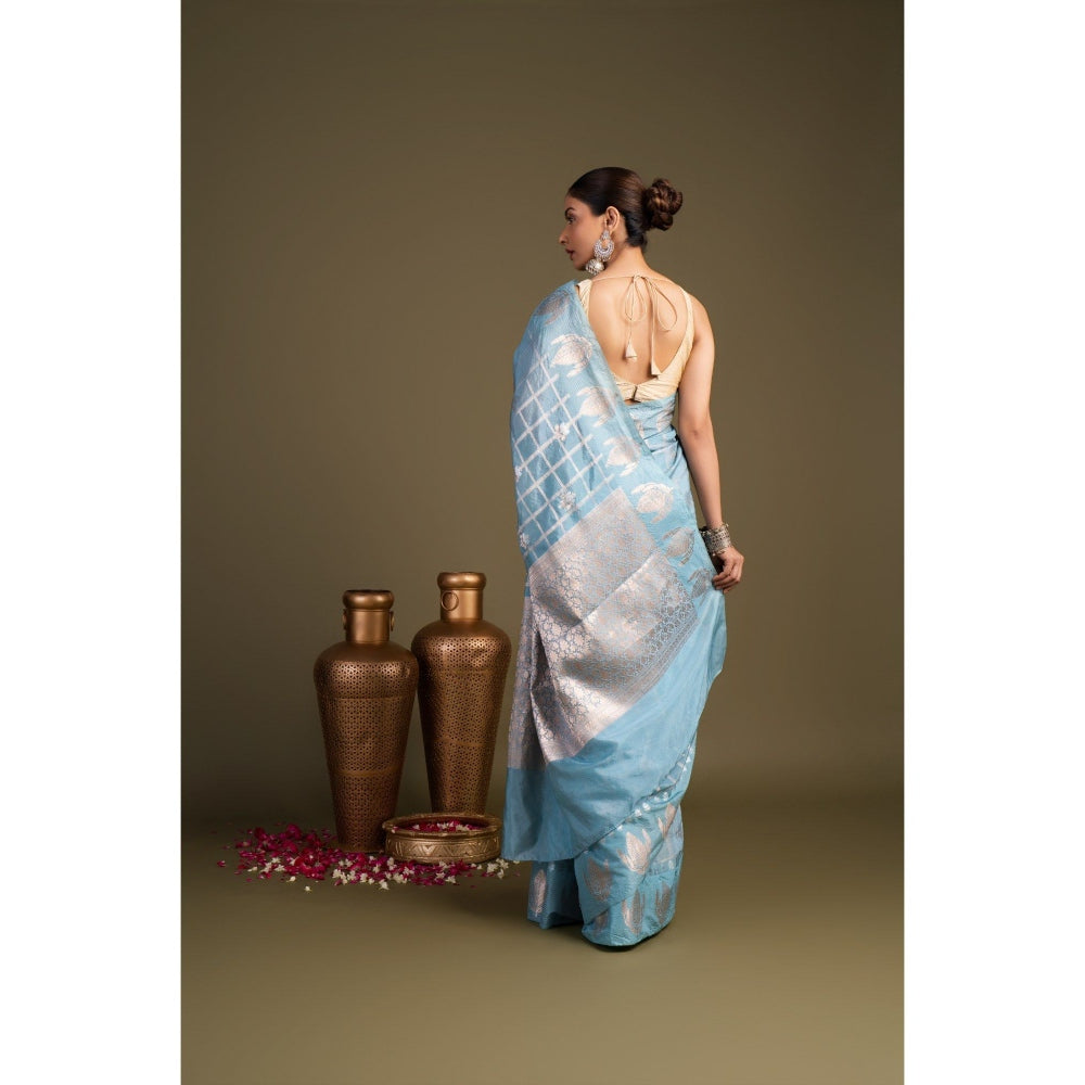 Zal from Benaras Sky Blue Pure Silk Banarasi Handloom Saree without Blouse Piece