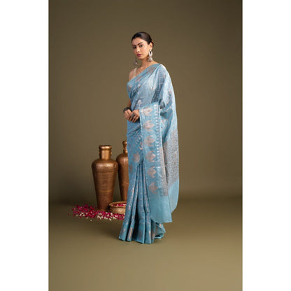 Zal from Benaras Sky Blue Pure Silk Banarasi Handloom Saree without Blouse Piece