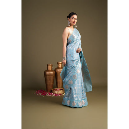 Zal from Benaras Sky Blue Pure Silk Banarasi Handloom Saree without Blouse Piece