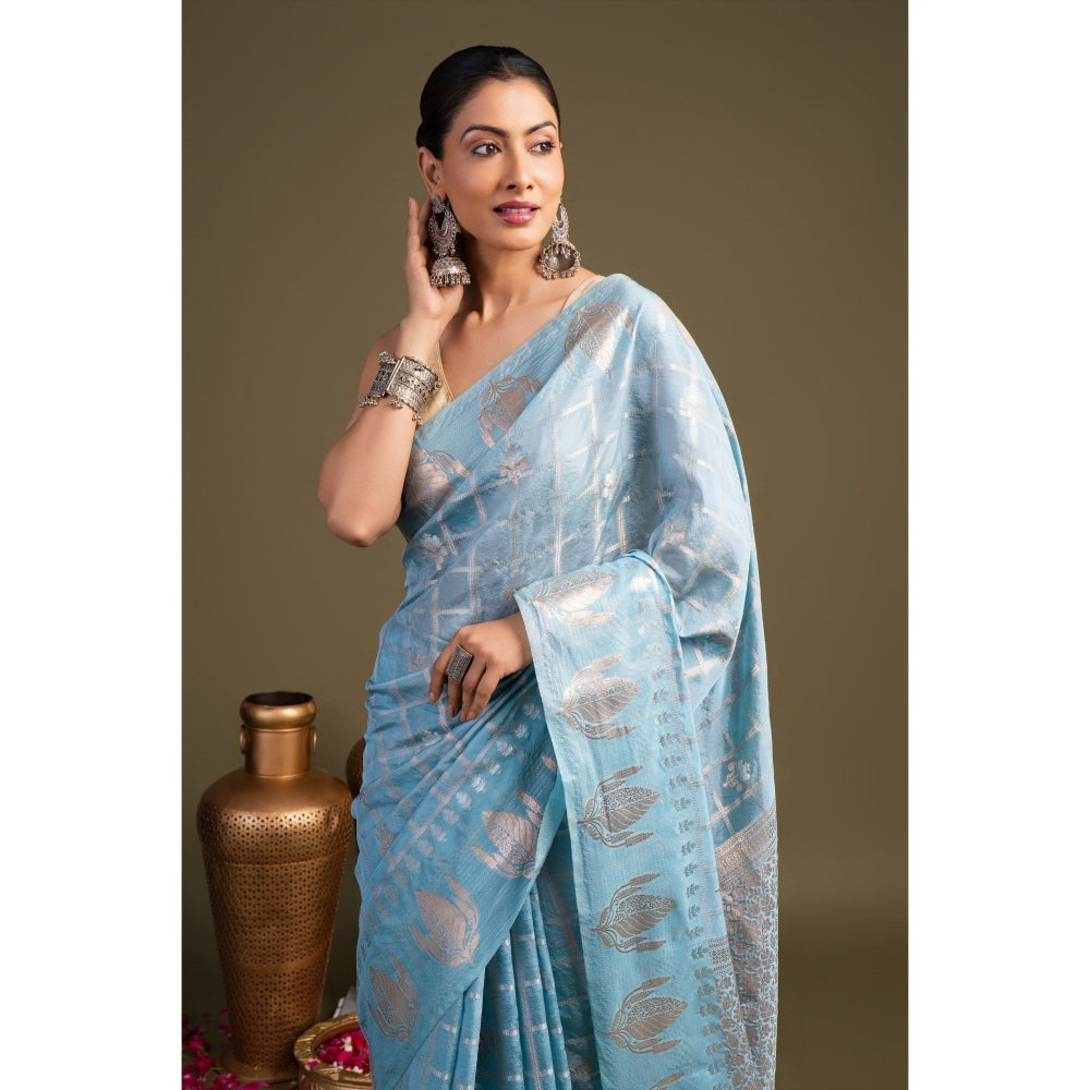 Zal from Benaras Sky Blue Pure Silk Banarasi Handloom Saree without Blouse Piece
