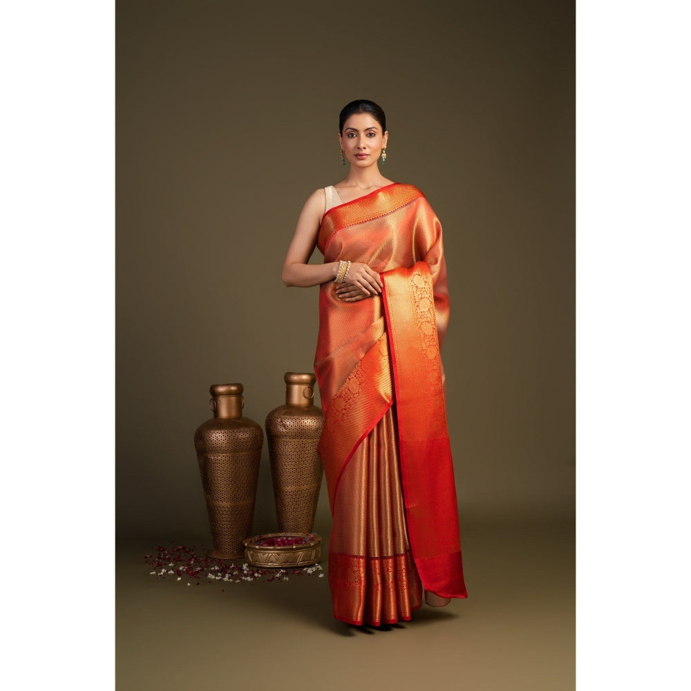 Zal from Benaras Red Zari Brocade Banarasi Handloom Saree without Blouse Piece