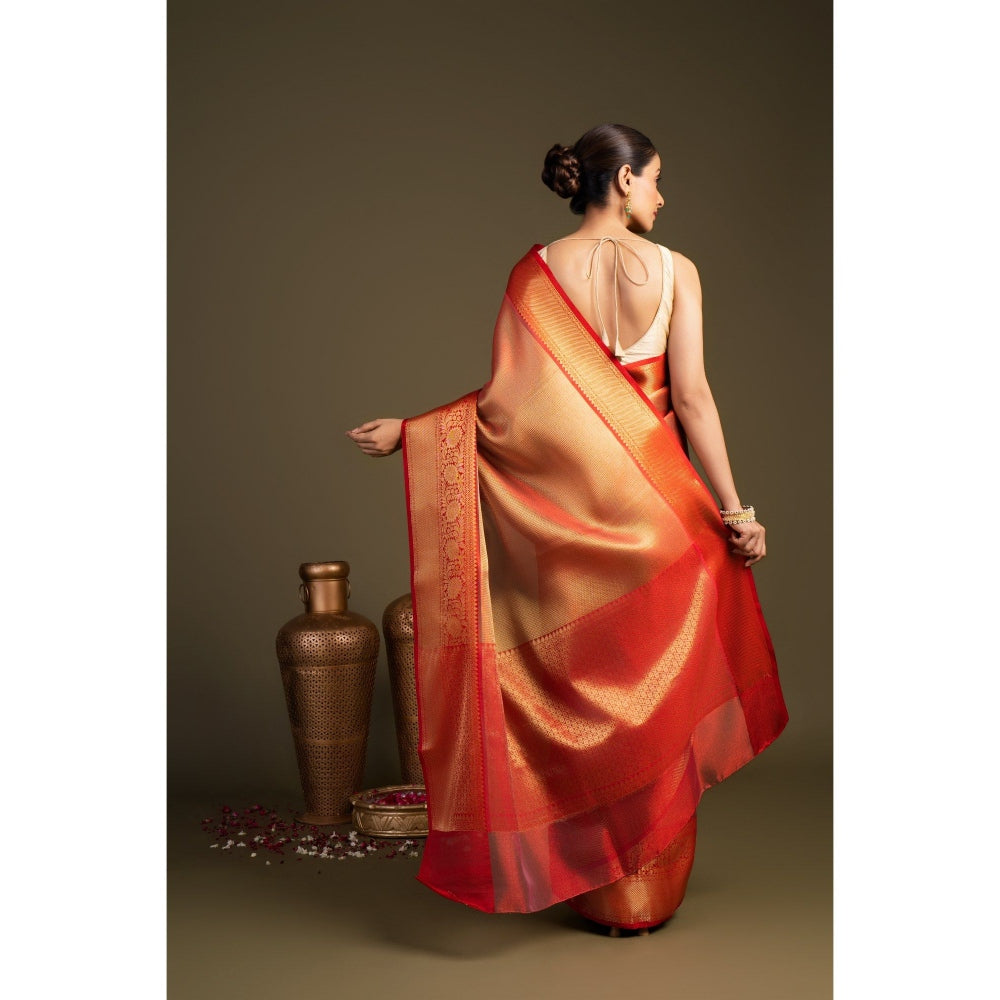 Zal from Benaras Red Zari Brocade Banarasi Handloom Saree without Blouse Piece