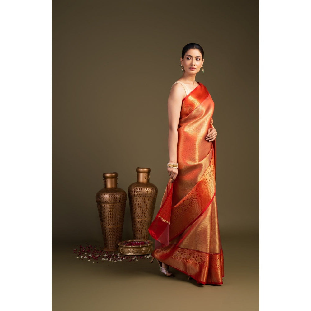 Zal from Benaras Red Zari Brocade Banarasi Handloom Saree without Blouse Piece
