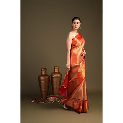 Zal from Benaras Red Zari Brocade Banarasi Handloom Saree without Blouse Piece