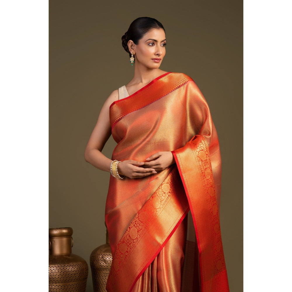 Zal from Benaras Red Zari Brocade Banarasi Handloom Saree without Blouse Piece