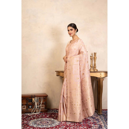 Zal from Benaras Baby Pink Pure Silk Banarasi Handloom Saree Without Blouse
