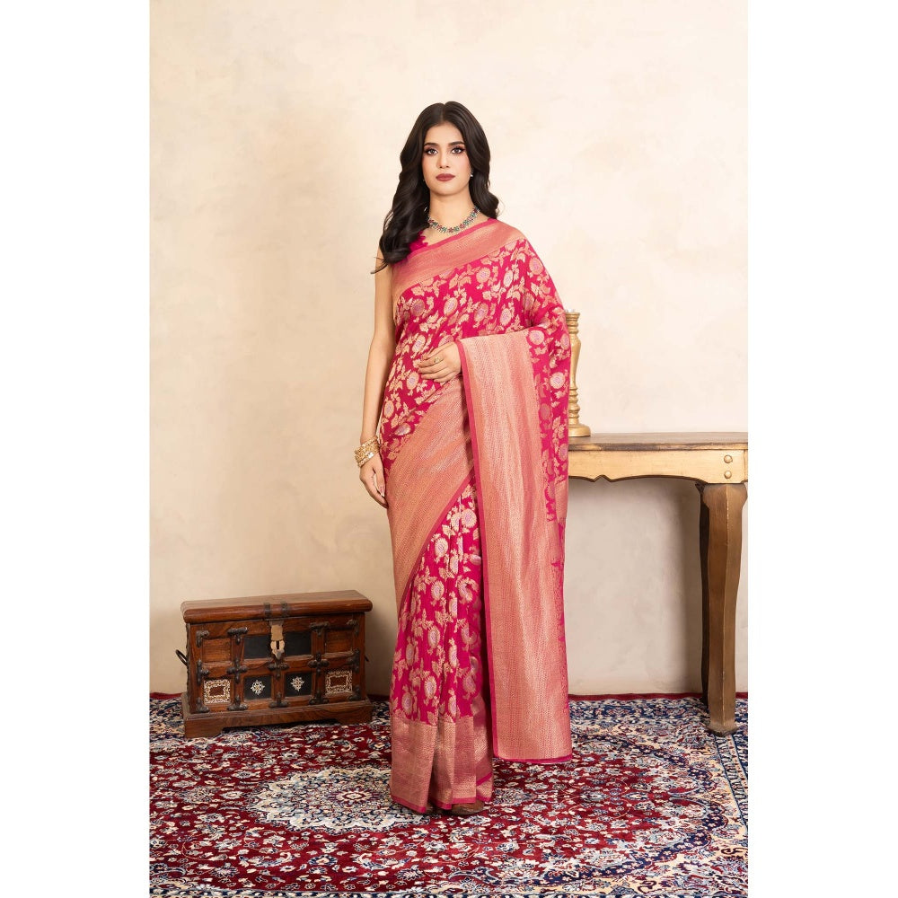 Zal from Benaras Rani Pink Pure Katan Banarasi Handloom Saree Without Blouse