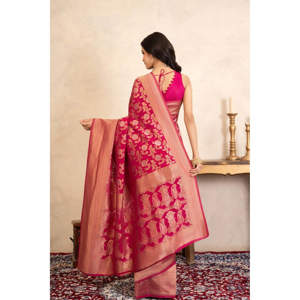 Zal from Benaras Rani Pink Pure Katan Banarasi Handloom Saree Without Blouse