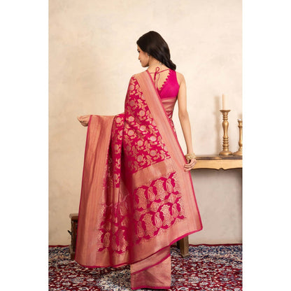 Zal from Benaras Rani Pink Pure Katan Banarasi Handloom Saree Without Blouse