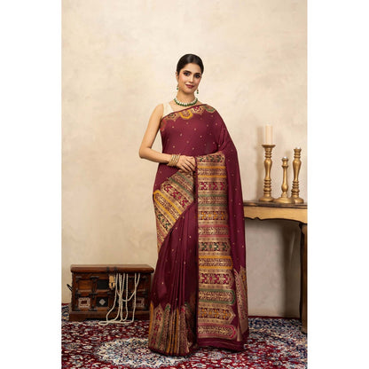 Zal from Benaras Maroon Pure Katan Silk Banarasi Handloom Saree Without Blouse