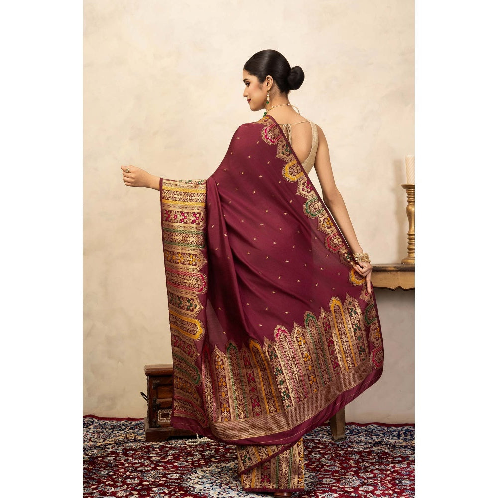 Zal from Benaras Maroon Pure Katan Silk Banarasi Handloom Saree Without Blouse