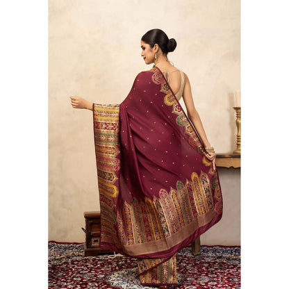 Zal from Benaras Maroon Pure Katan Silk Banarasi Handloom Saree Without Blouse