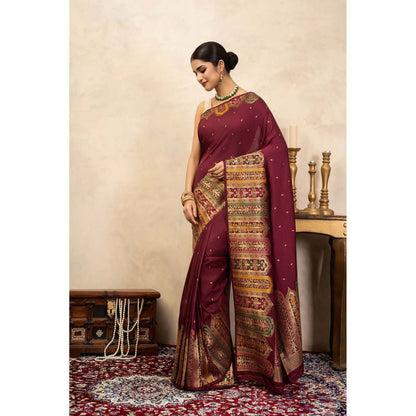 Zal from Benaras Maroon Pure Katan Silk Banarasi Handloom Saree Without Blouse