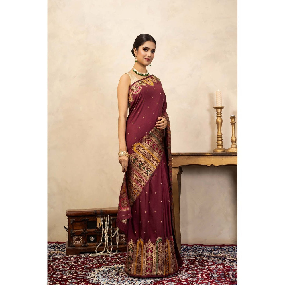 Zal from Benaras Maroon Pure Katan Silk Banarasi Handloom Saree Without Blouse