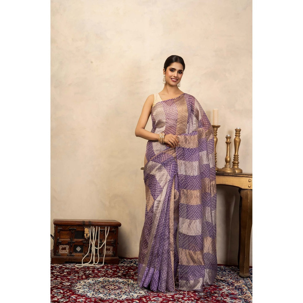 Zal from Benaras Lavender Bandhani Digital Print Handloom Saree Without Blouse