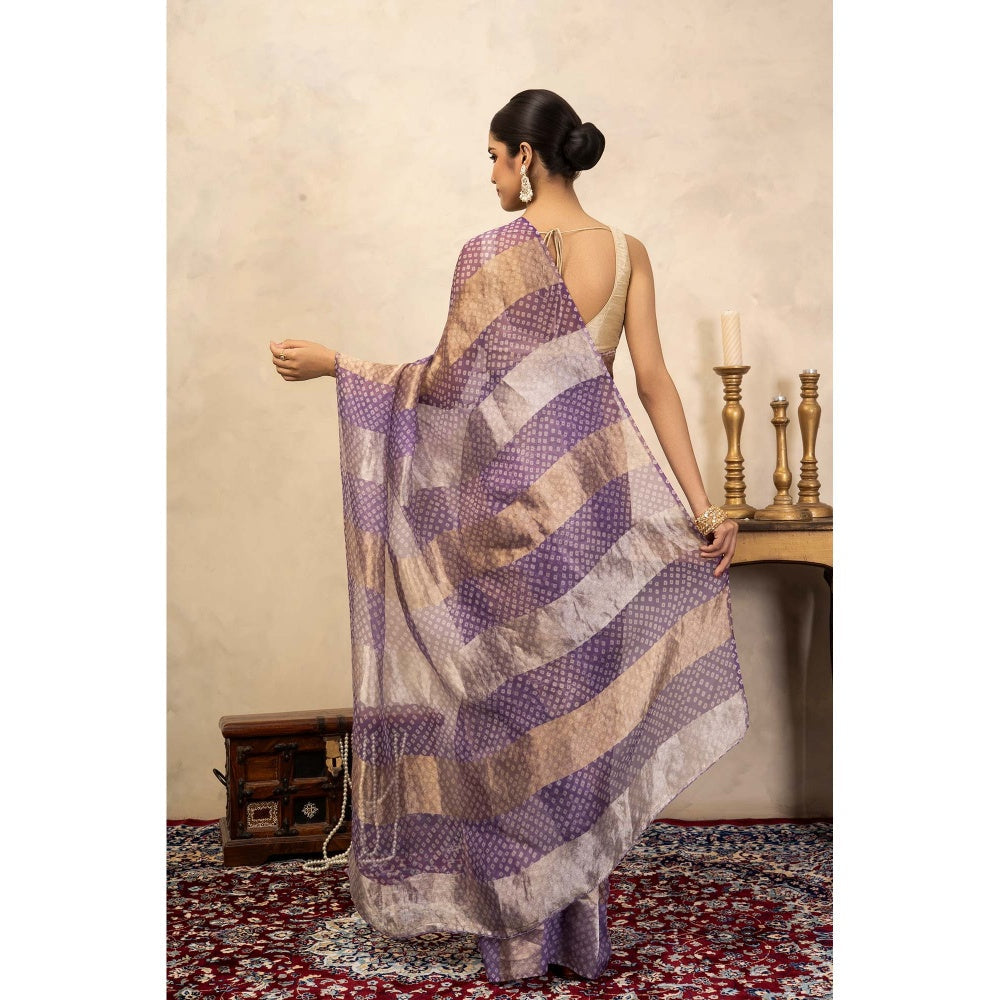Zal from Benaras Lavender Bandhani Digital Print Handloom Saree Without Blouse