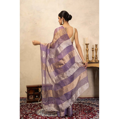 Zal from Benaras Lavender Bandhani Digital Print Handloom Saree Without Blouse