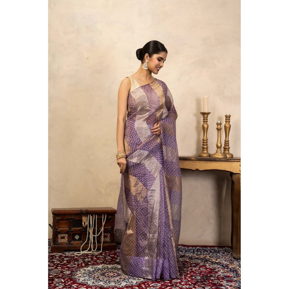Zal from Benaras Lavender Bandhani Digital Print Handloom Saree Without Blouse