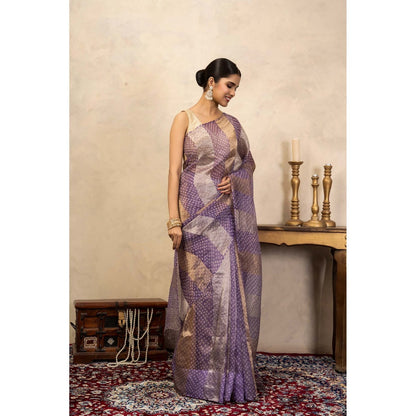 Zal from Benaras Lavender Bandhani Digital Print Handloom Saree Without Blouse