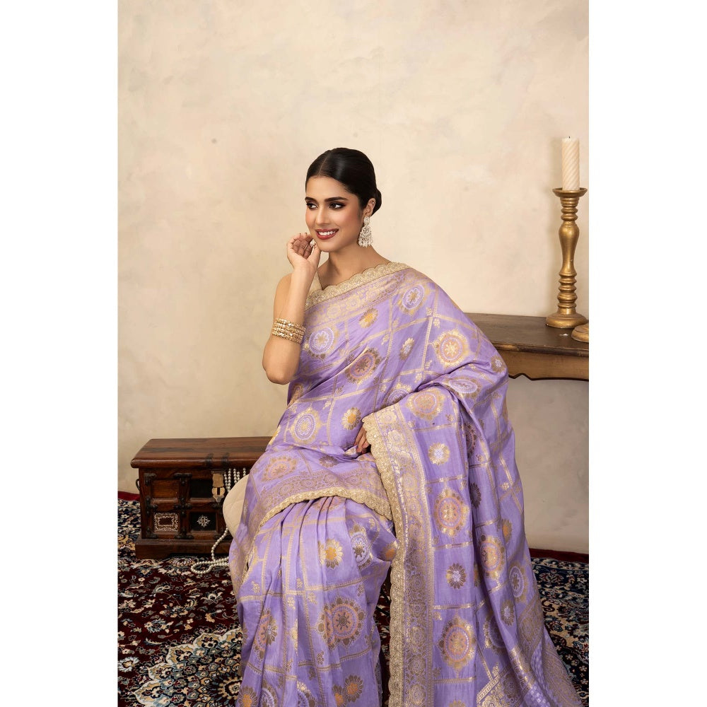 Zal from Benaras Light Lavender Pure Silk Banarasi Patola Handloom Saree Without Blouse