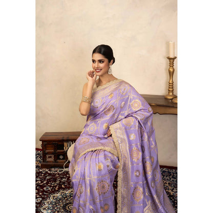 Zal from Benaras Light Lavender Pure Silk Banarasi Patola Handloom Saree Without Blouse