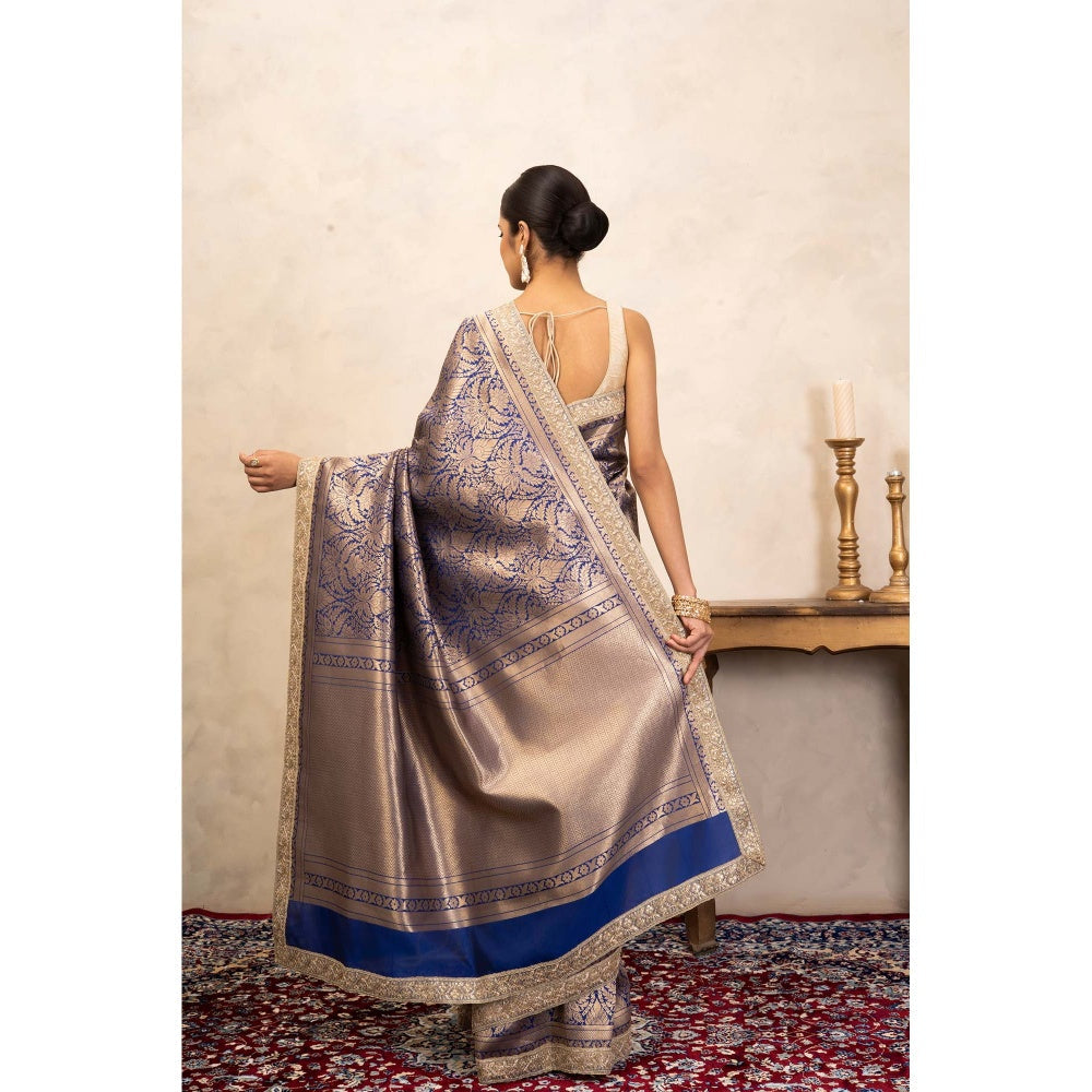 Zal from Benaras Blue Pure Katan Silk Brocade Banarasi Handloom Saree Without Blouse