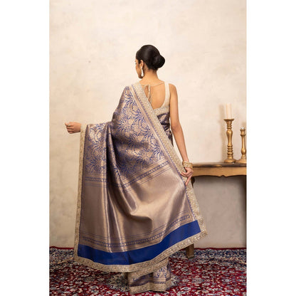 Zal from Benaras Blue Pure Katan Silk Brocade Banarasi Handloom Saree Without Blouse