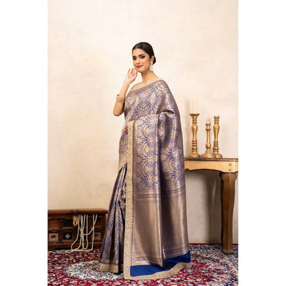 Zal from Benaras Blue Pure Katan Silk Brocade Banarasi Handloom Saree Without Blouse