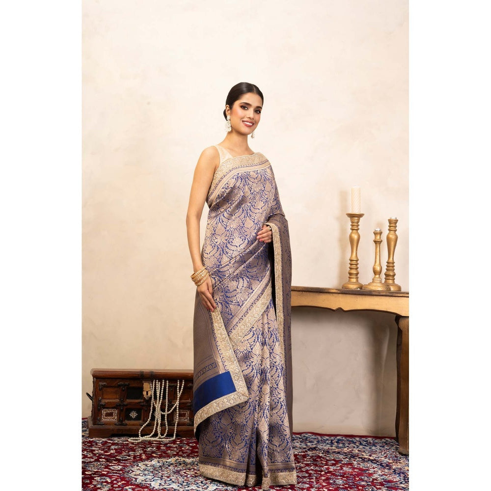 Zal from Benaras Blue Pure Katan Silk Brocade Banarasi Handloom Saree Without Blouse