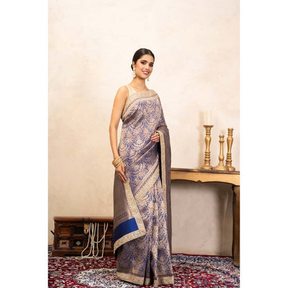 Zal from Benaras Blue Pure Katan Silk Brocade Banarasi Handloom Saree Without Blouse