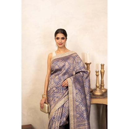 Zal from Benaras Blue Pure Katan Silk Brocade Banarasi Handloom Saree Without Blouse