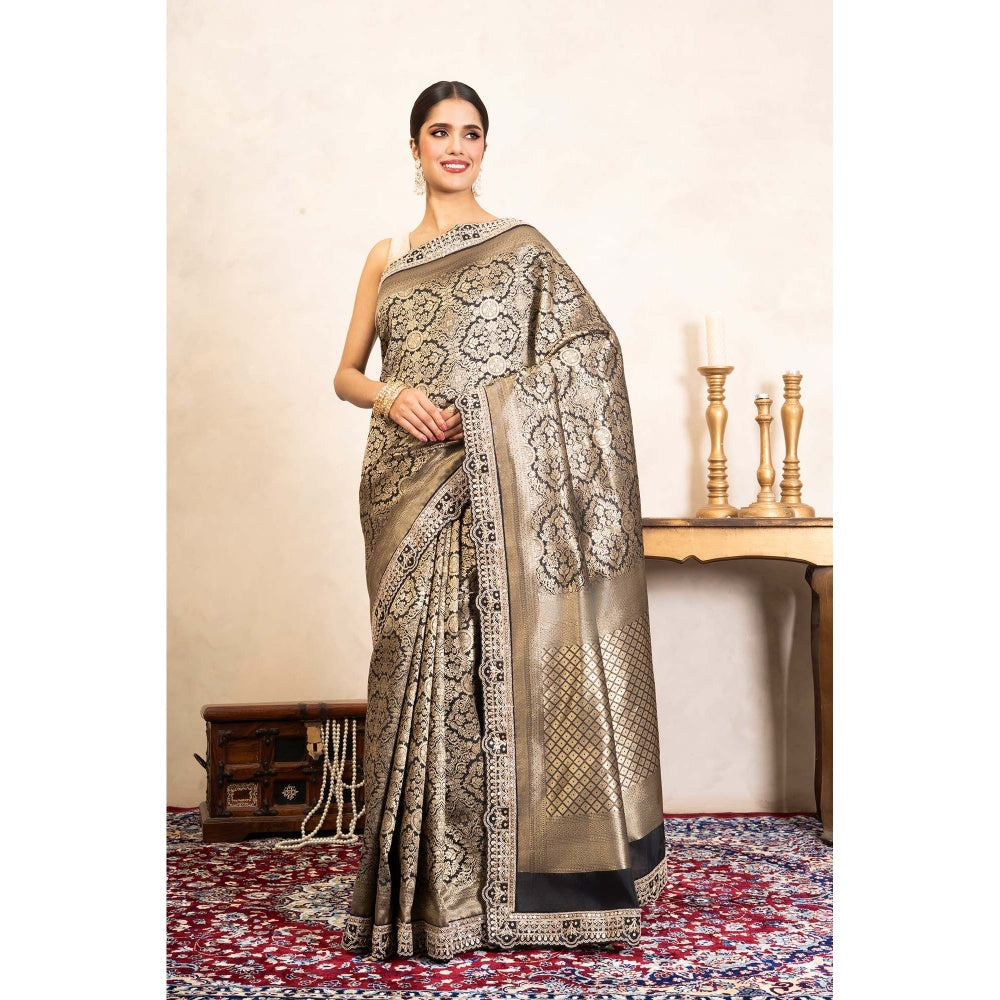 Zal from Benaras Black Pure Katan Brocade Banarasi Handloom Saree Without Blouse