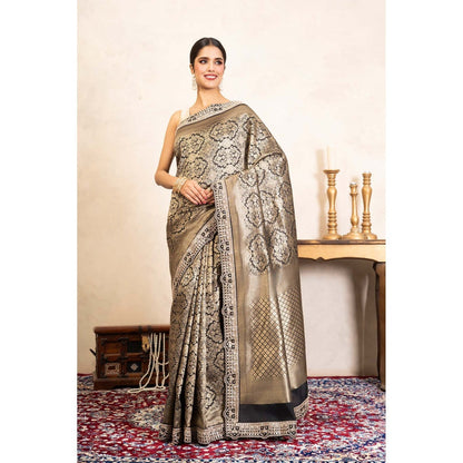 Zal from Benaras Black Pure Katan Brocade Banarasi Handloom Saree Without Blouse