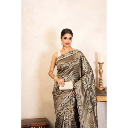 Zal from Benaras Black Pure Katan Brocade Banarasi Handloom Saree Without Blouse