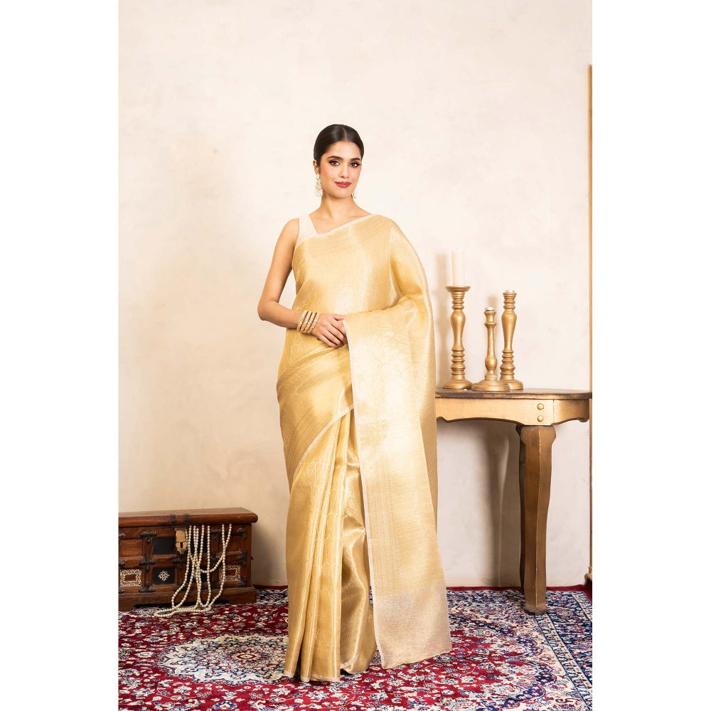 Zal from Benaras Golden Pure Katan Kanjeevaram Silk Banarasi Handloom Saree Without Blouse
