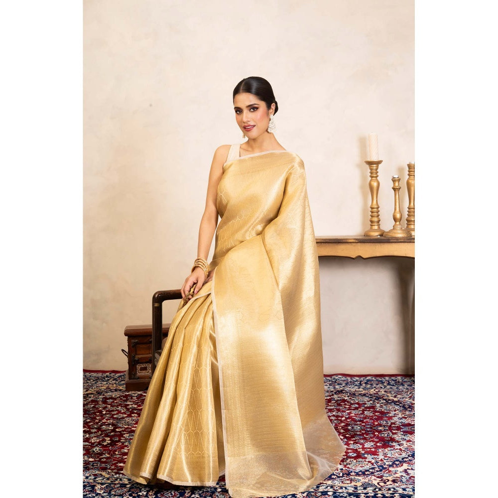 Zal from Benaras Golden Pure Katan Kanjeevaram Silk Banarasi Handloom Saree Without Blouse