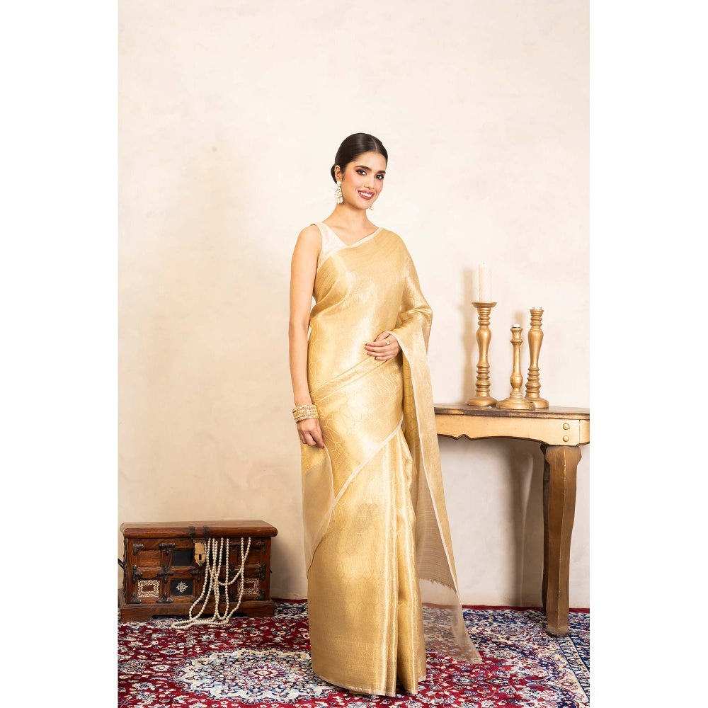 Zal from Benaras Golden Pure Katan Kanjeevaram Silk Banarasi Handloom Saree Without Blouse