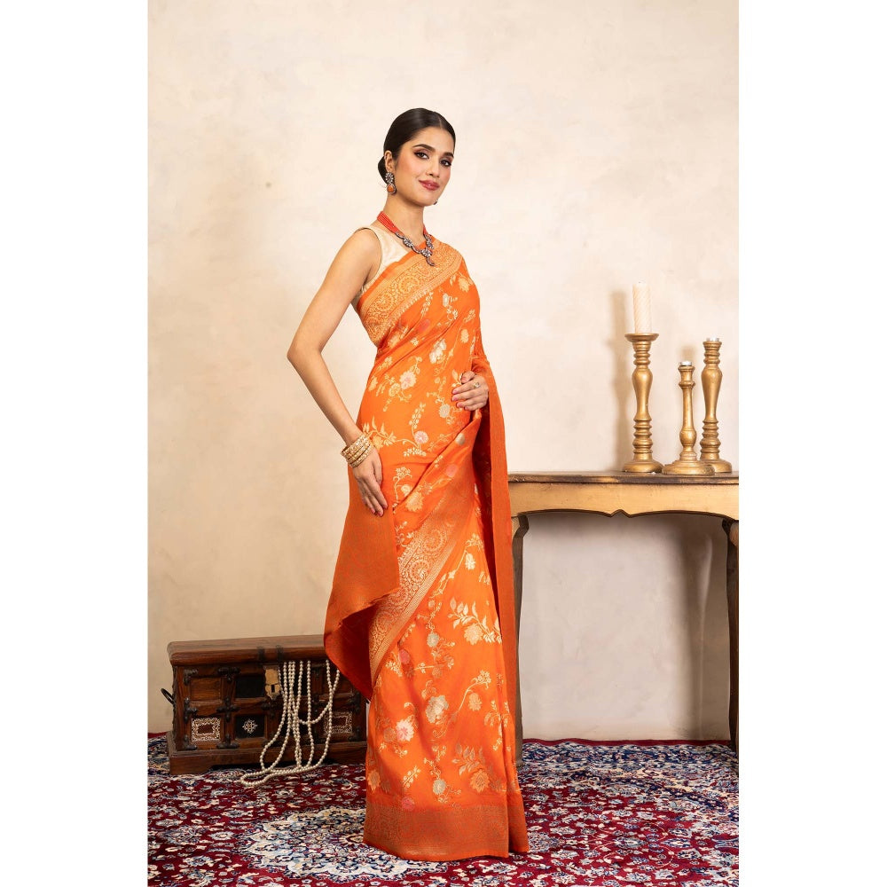 Zal from Benaras Orange Pure Katan Silk Banarasi Handloom Saree Without Blouse