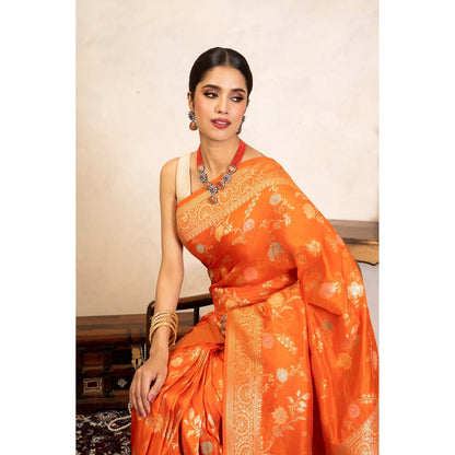 Zal from Benaras Orange Pure Katan Silk Banarasi Handloom Saree Without Blouse