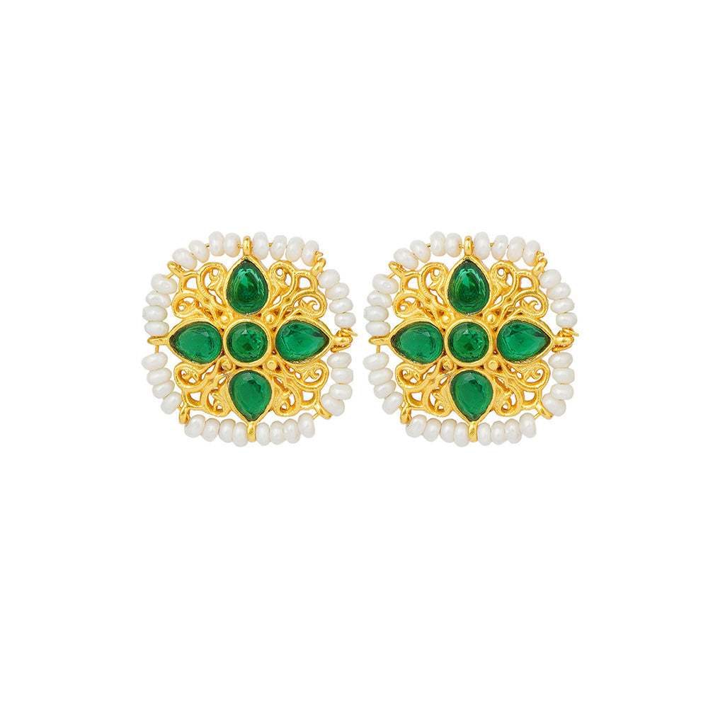 ZARIIN Green White Pearls Gold Plated Handcrafted Studs Earrings
