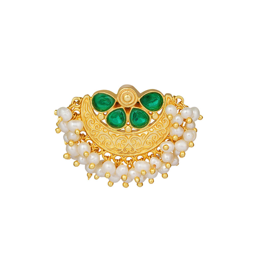 ZARIIN Green White Pearl Delicate Gold Plated Handcrafted Studs Earrings